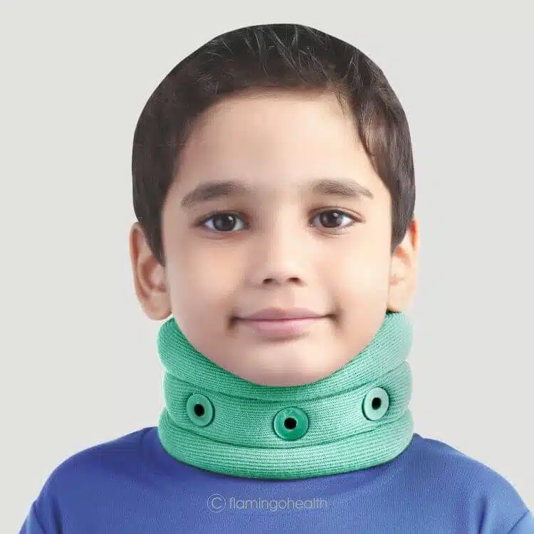 child model wearing flamingo cervical collar green colour in his neck